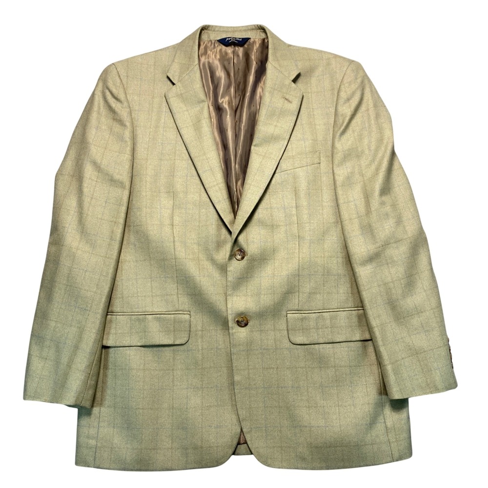 Joseph & Feiss Gold Wool Silk Blazer 42R Tan Blue Windowpane Sport Coat Mens